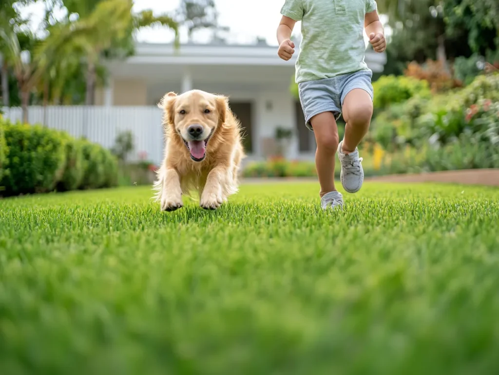 A dog and child running on an Instagram worthy fertilized lawn