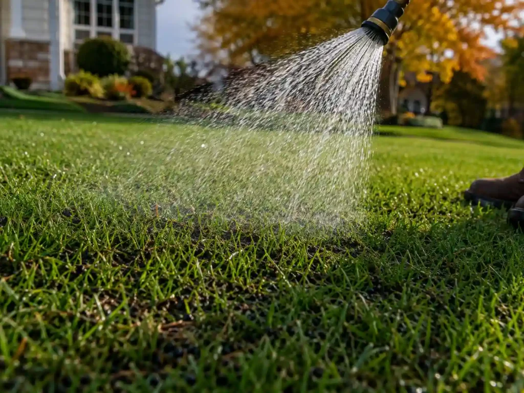 watering the lawn after aeration and overseeding for fall preparation