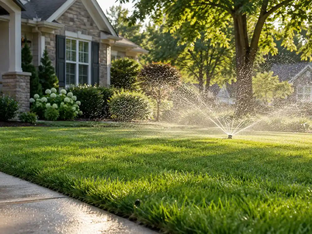 Seasonal lawn care in Apex, NC with sprinkler watering a healthy green lawn