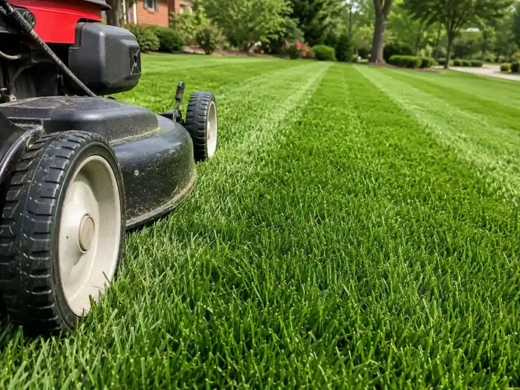 Lawn mower cutting a residential lawn while illustrating the average cost for Wake Forest lawn care