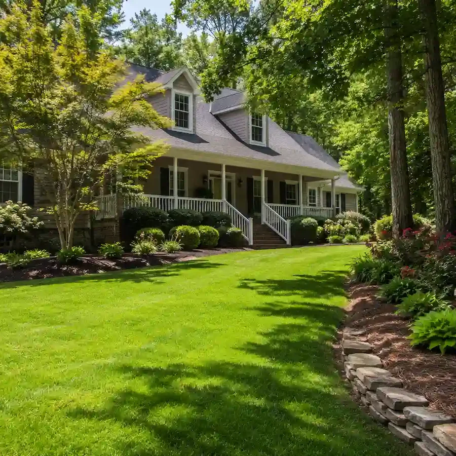 Local lawn care in Wake Forest NC for a shaded property with mature trees, healthy grass, and landscaped beds