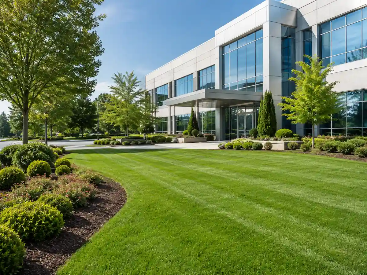 Commercial lawn care in Wake Forest with a manicured lawn and landscaped office property