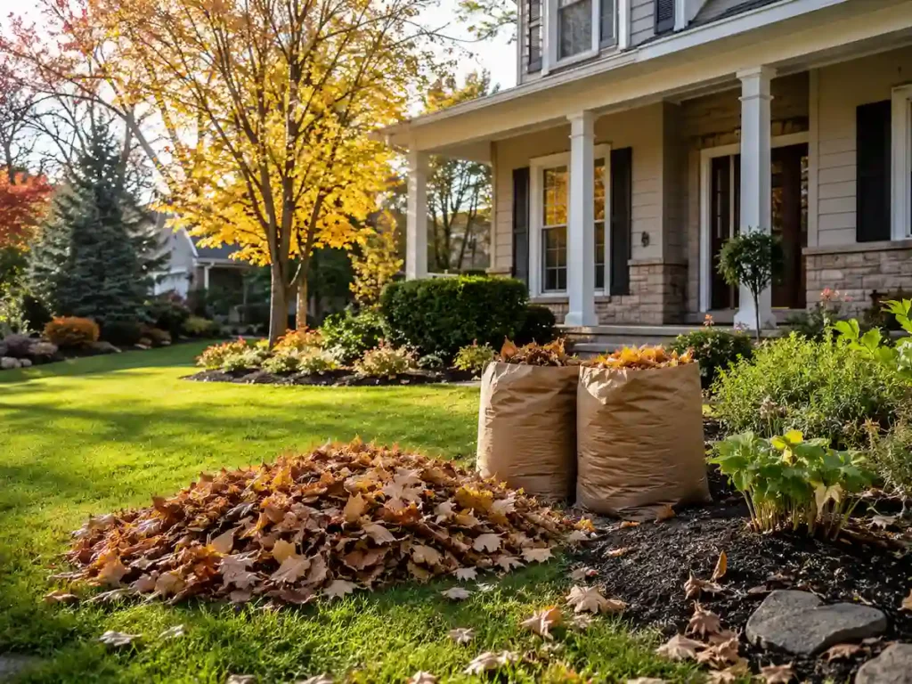 Seasonal leaf cleanup at a residential property as part of the cost for Wake Forest lawn care