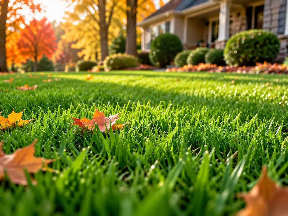 Green Raleigh lawn with fall leaves during the 2026 fall lawn fertilization season
