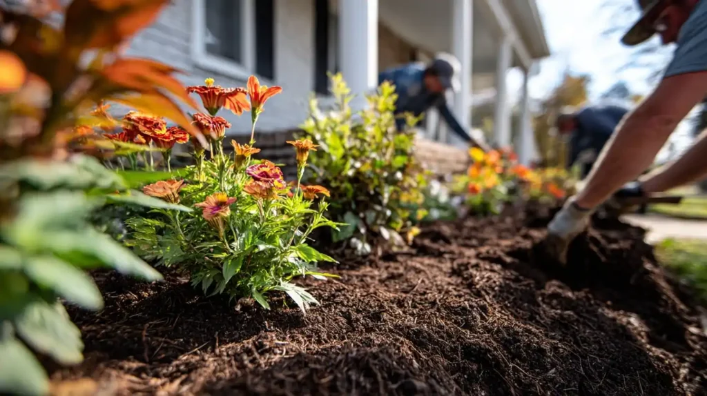 flower bed installation in Raleigh NC with layered plants and mulch
