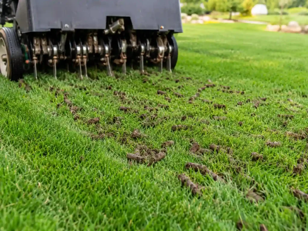 Core aeration service on residential grass as part of lawn care costs in Wake Forest
