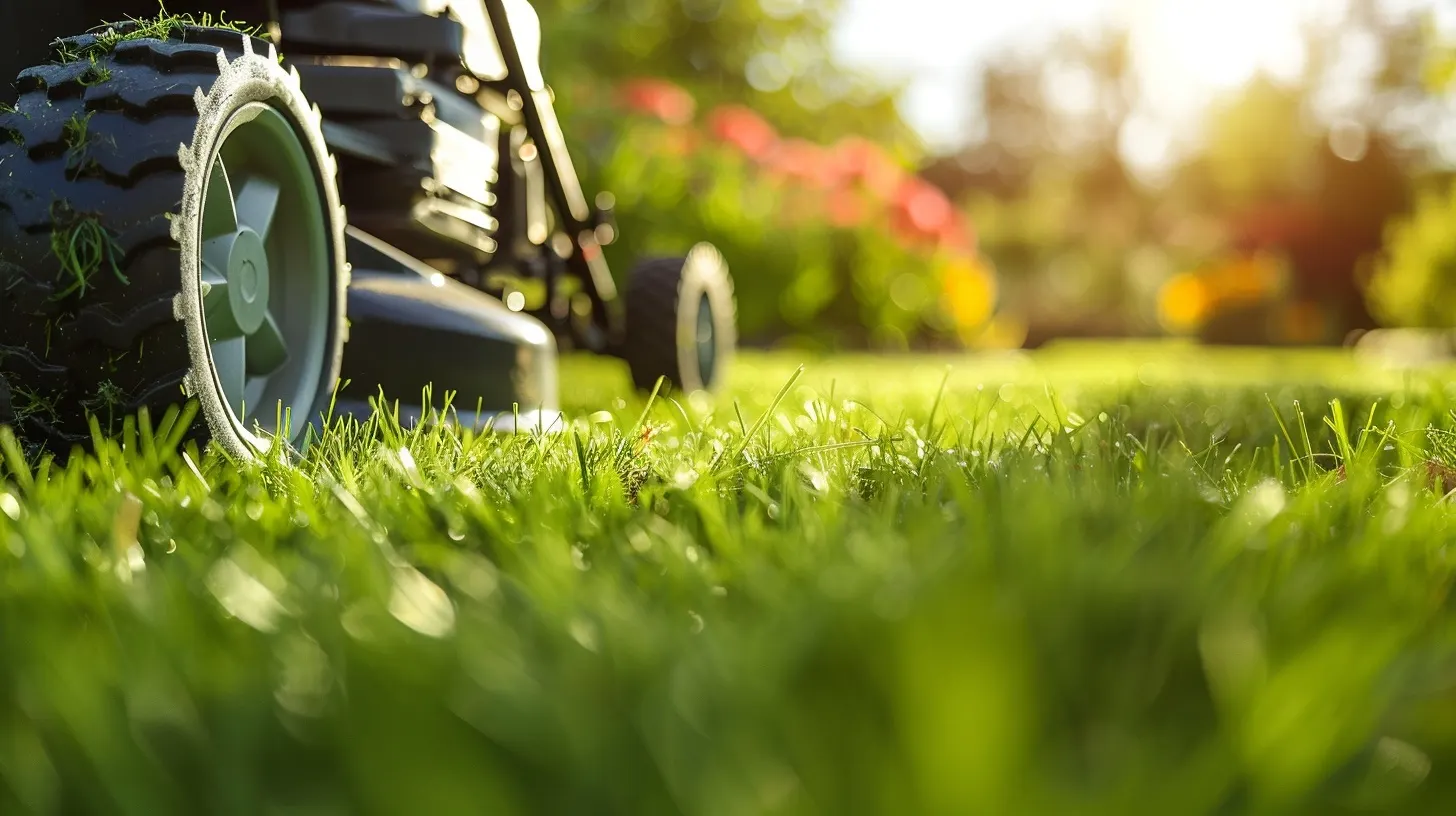 Lawn care service areas in Wake Forest, NC with close-up mower detail and healthy green grass