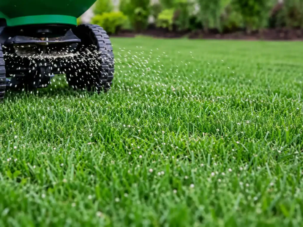 Fertilizer granules spreading across a residential lawn in Wake Forest NC
