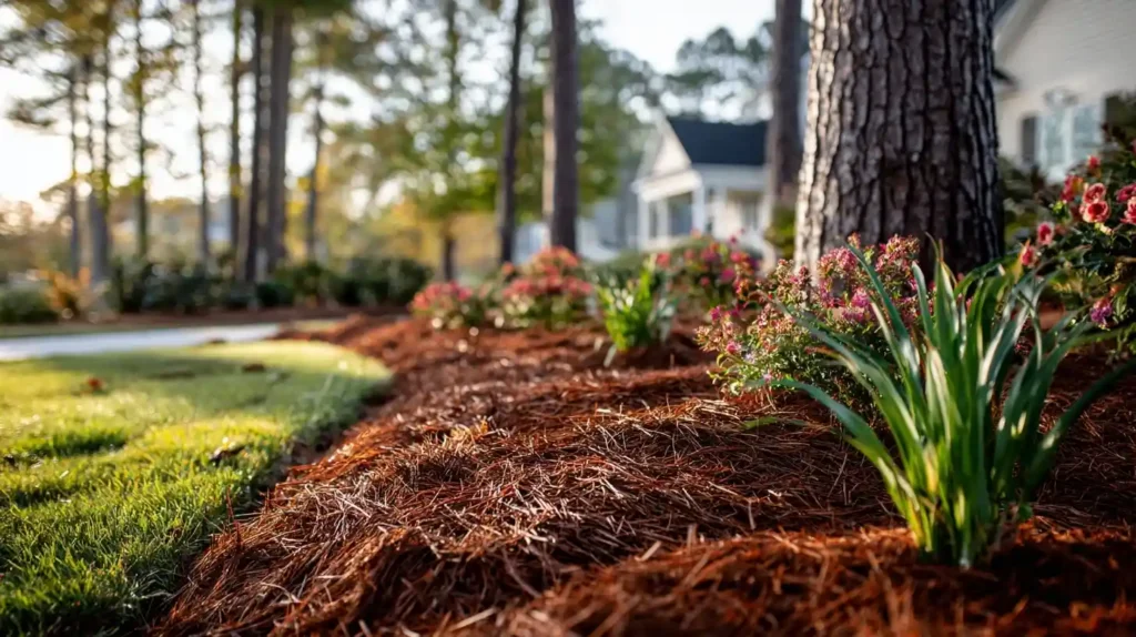 pine straw mulch installation in Raleigh NC around plants and trees