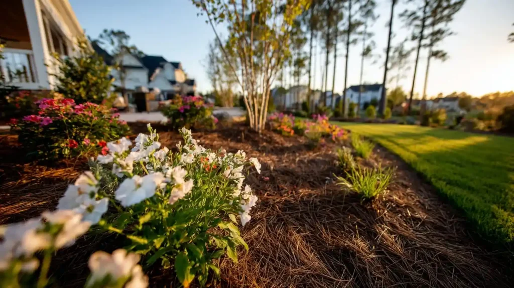 professional softscaping services in Raleigh NC with plants mulch and lawn