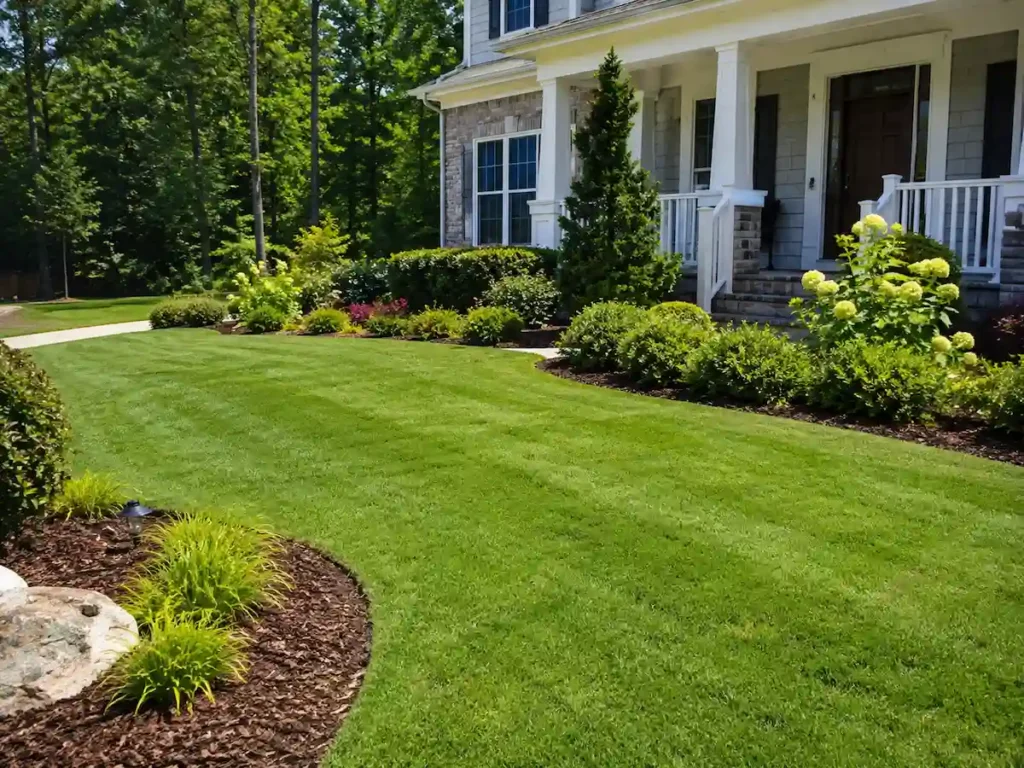 Maintained residential lawn and landscaped beds representing Wake Forest lawn care costs