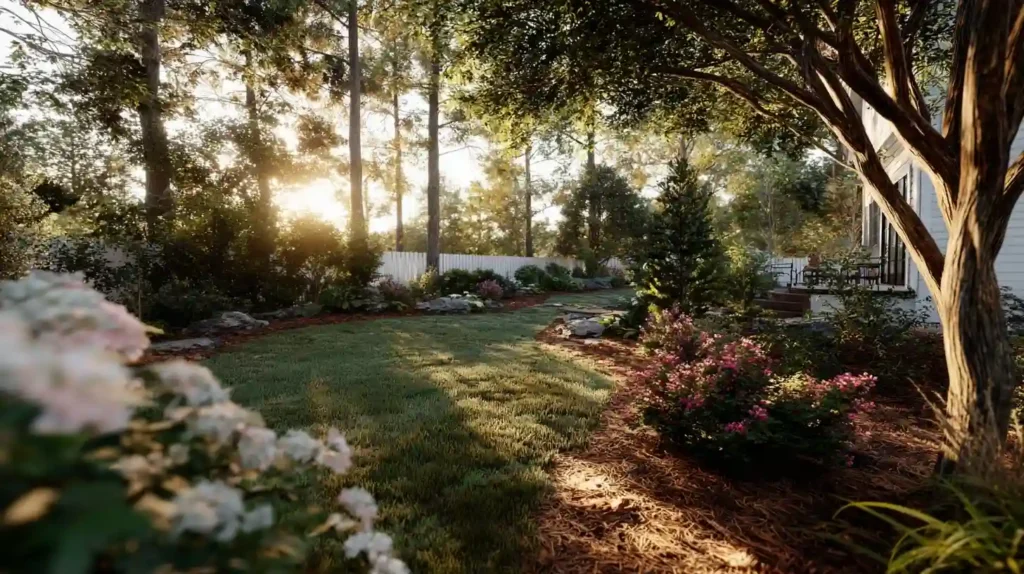 softscaping design with lawn trees and flower beds at Raleigh NC home